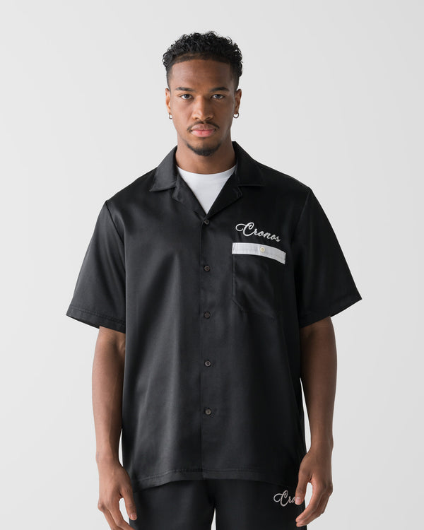 CRONOS SCRIPT SATIN OPEN COLLAR SHIRT【BLACK】
