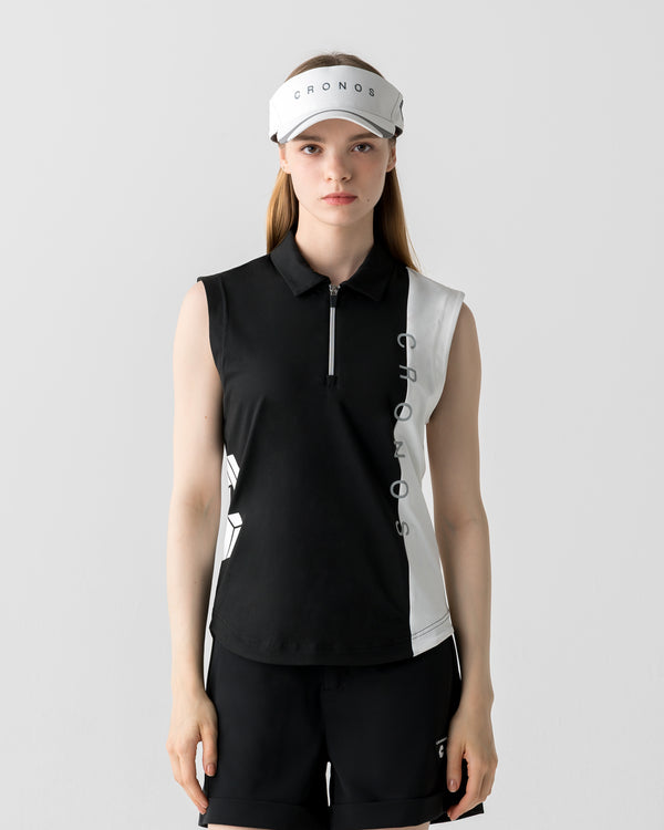 CRONOS BLACK WOMEN MONOCHROME ZIP SLEEVELESS【BLACK×WHITE】