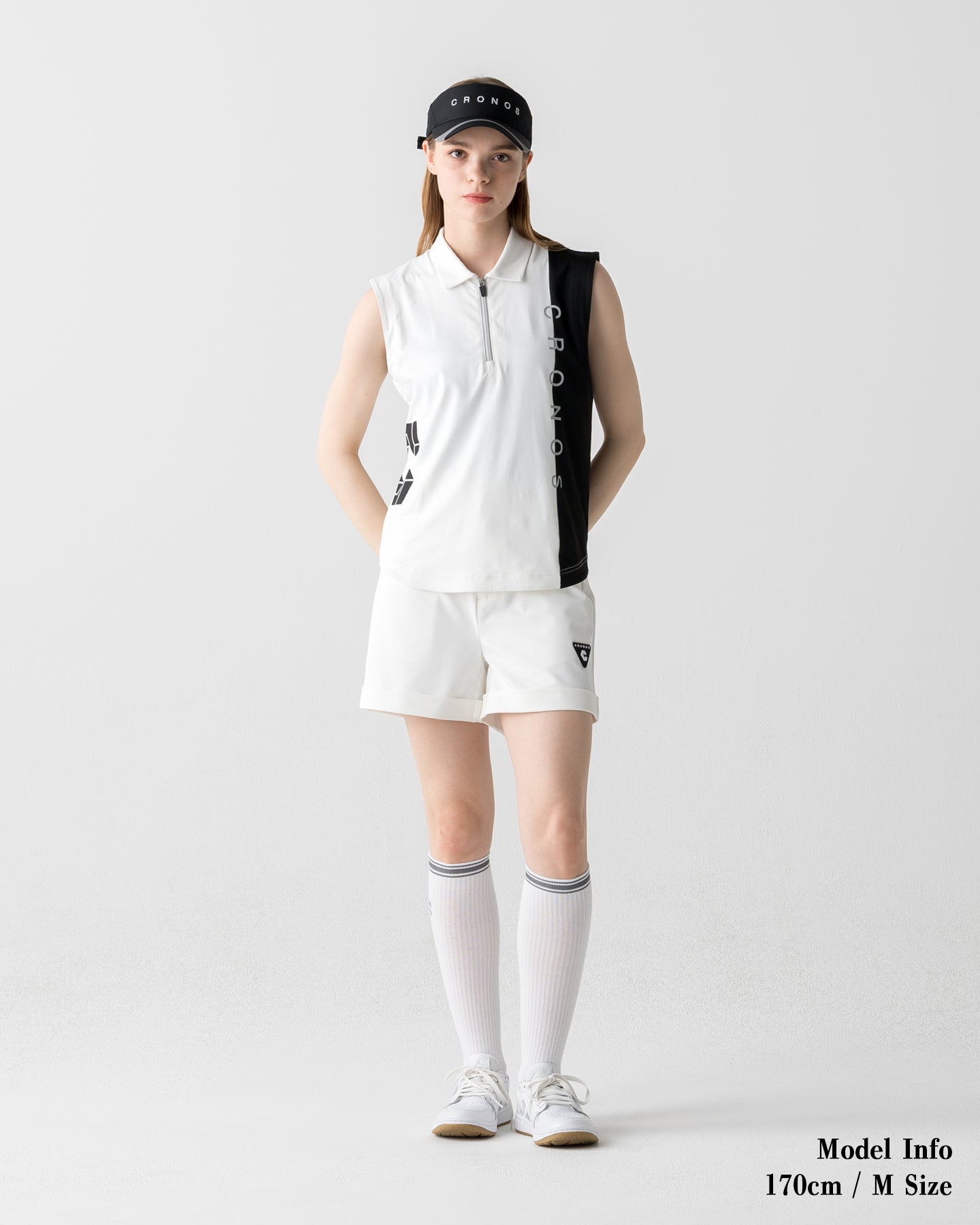 新品未使用CRONOS ゴルフ ノースリーブトップス　送料無料 CRONOS BLACK WOMEN MONOCHROME ZIP SLEEVELESS【WHITE×BLACK】