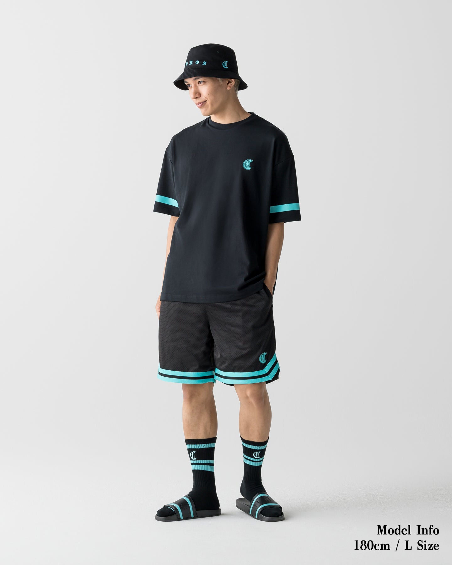 CRONOS BLACKLETTER BASKET MESH SHORTS【BLACK×T.BLUE】