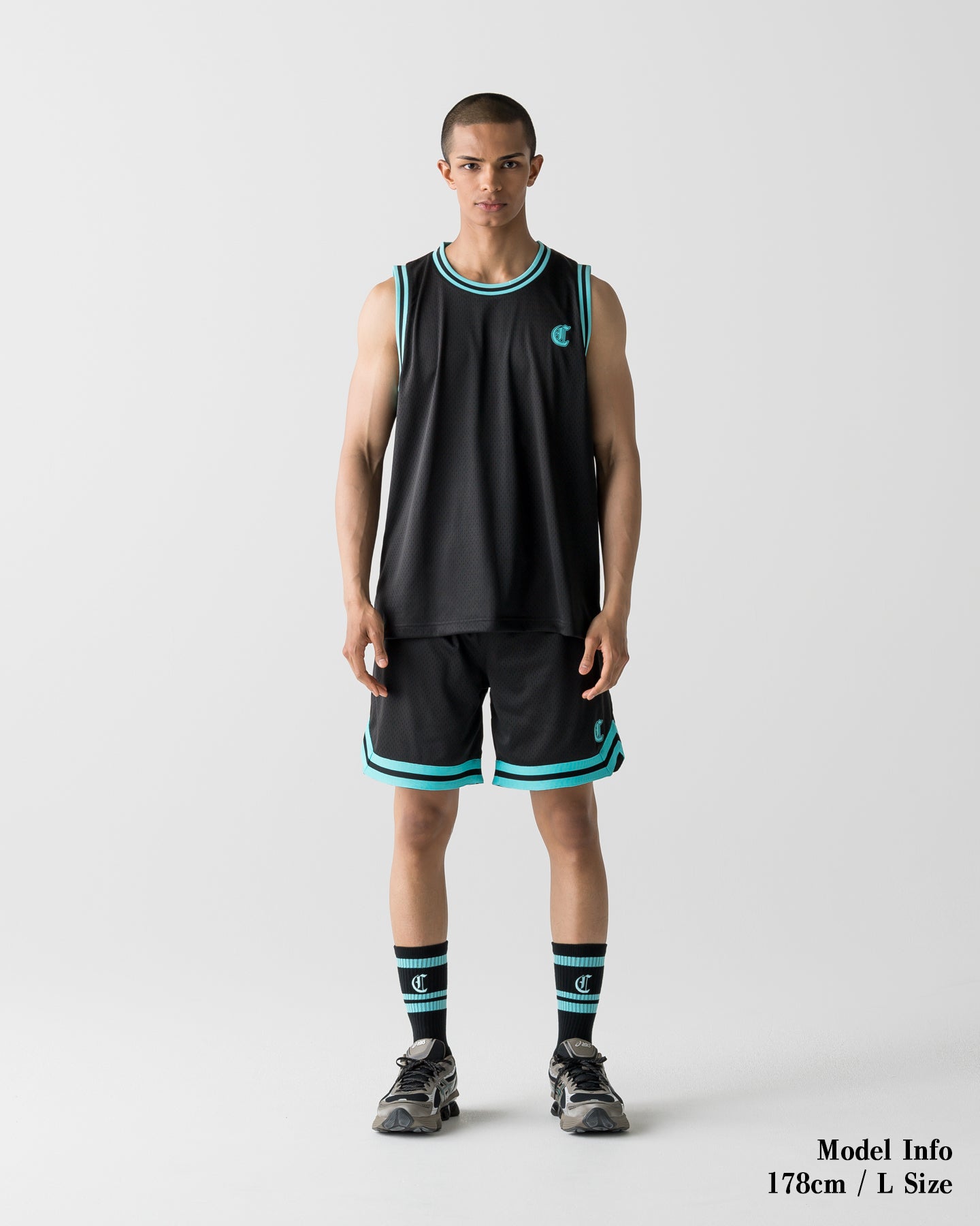 CRONOS BLACKLETTER BASKET MESH SLEEVELESS【BLACK×T.BLUE】