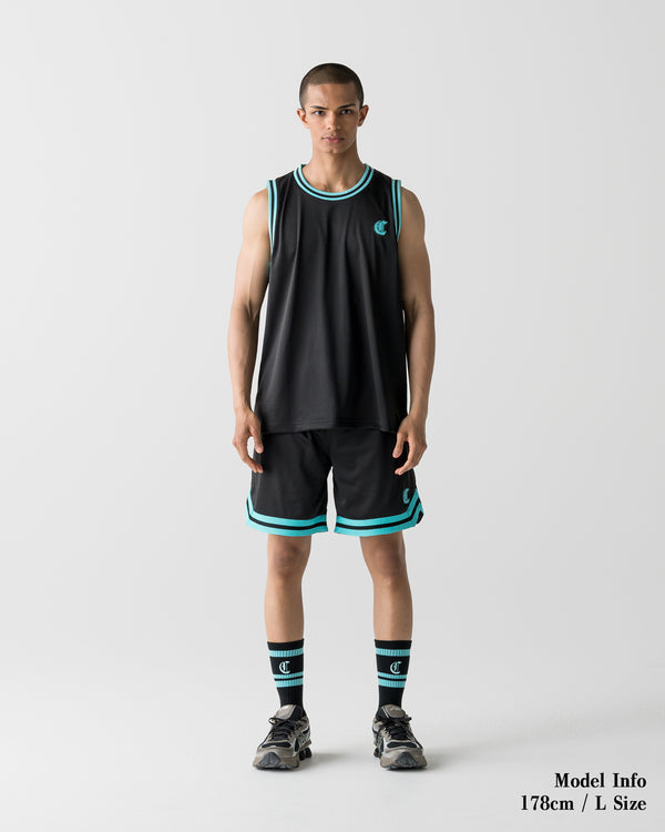 CRONOS BLACKLETTER BASKET MESH SLEEVELESS【BLACK×T.BLUE】