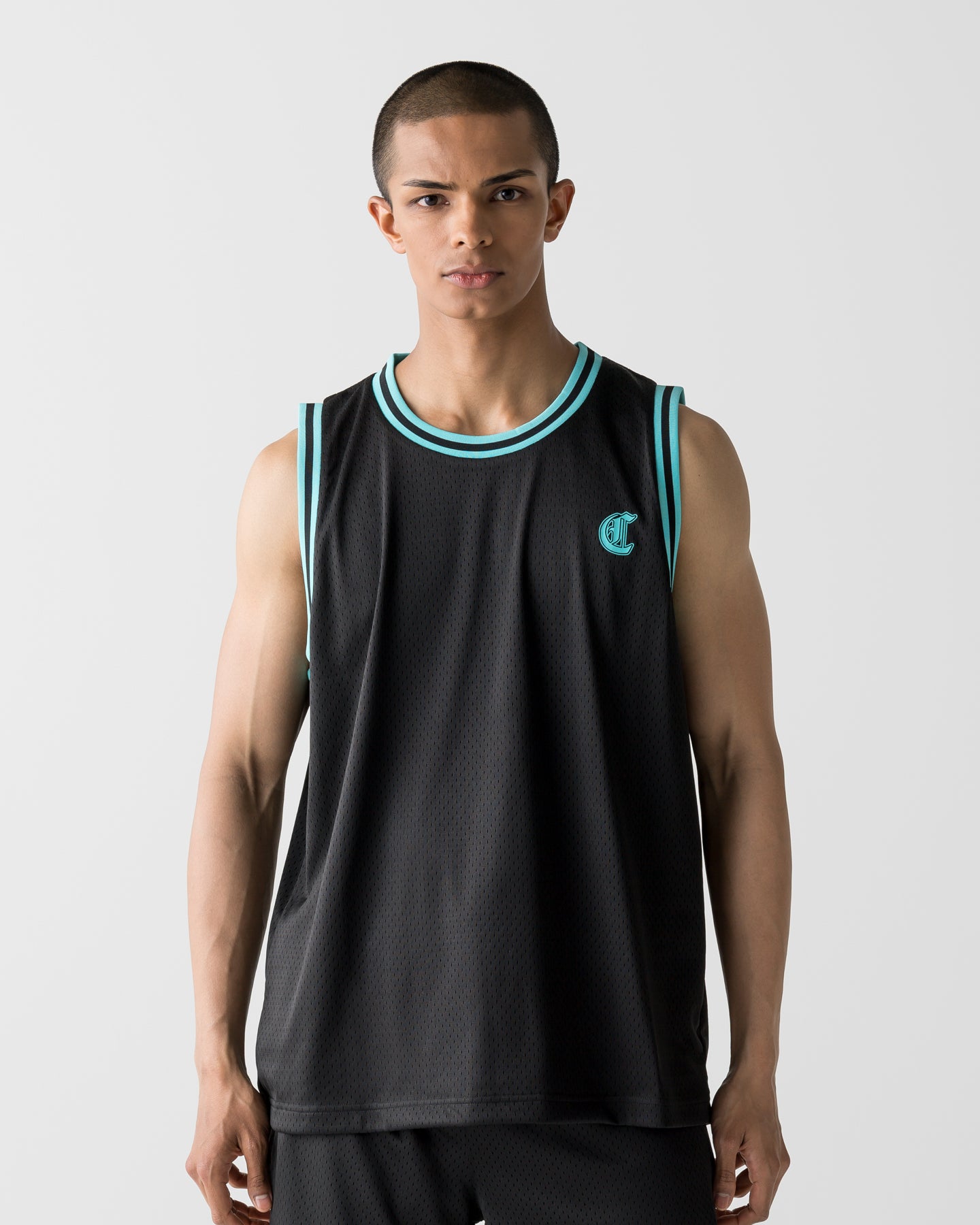 CRONOS メッシュタンクトップ ブラック×グリーン 36(S) CRONOS BLACKLETTER BASKET MESH SLEEVELESS【BLACK×T.BLUE】