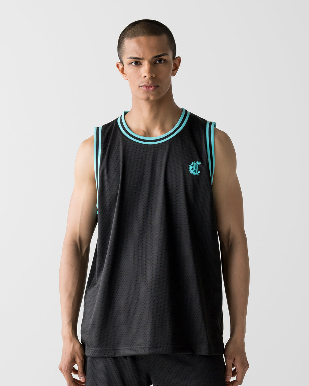 CRONOS BLACKLETTER BASKET MESH SLEEVELESS【BLACK×T.BLUE】