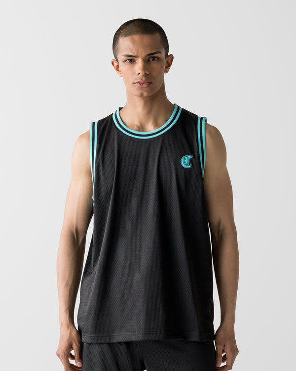 CRONOS BLACKLETTER BASKET MESH SLEEVELESS【BLACK×T.BLUE】