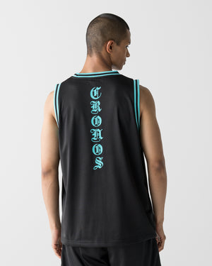CRONOS BLACKLETTER BASKET MESH SLEEVELESS【BLACK×T.BLUE】