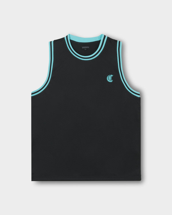 CRONOS BLACKLETTER BASKET MESH SLEEVELESS【BLACK×T.BLUE】