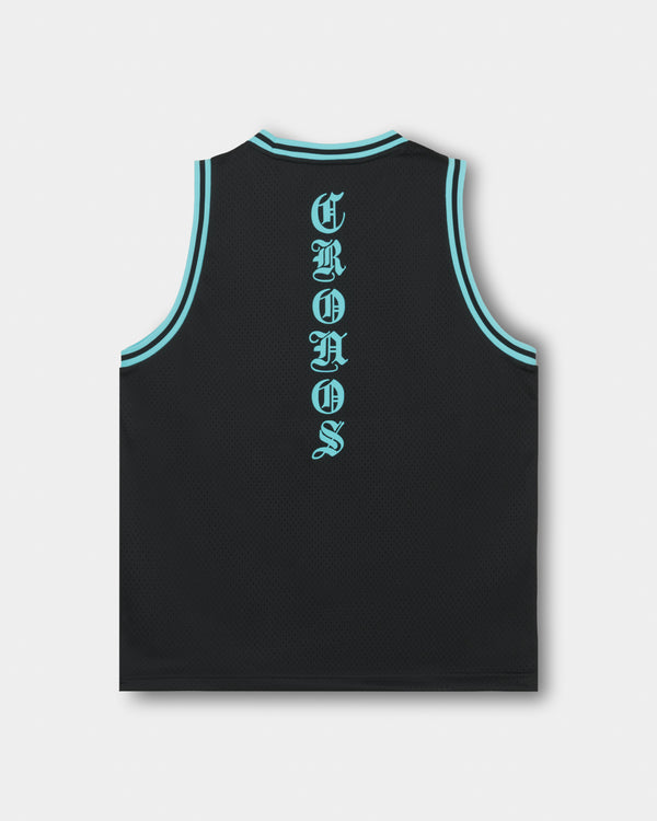 CRONOS BLACKLETTER BASKET MESH SLEEVELESS【BLACK×T.BLUE】