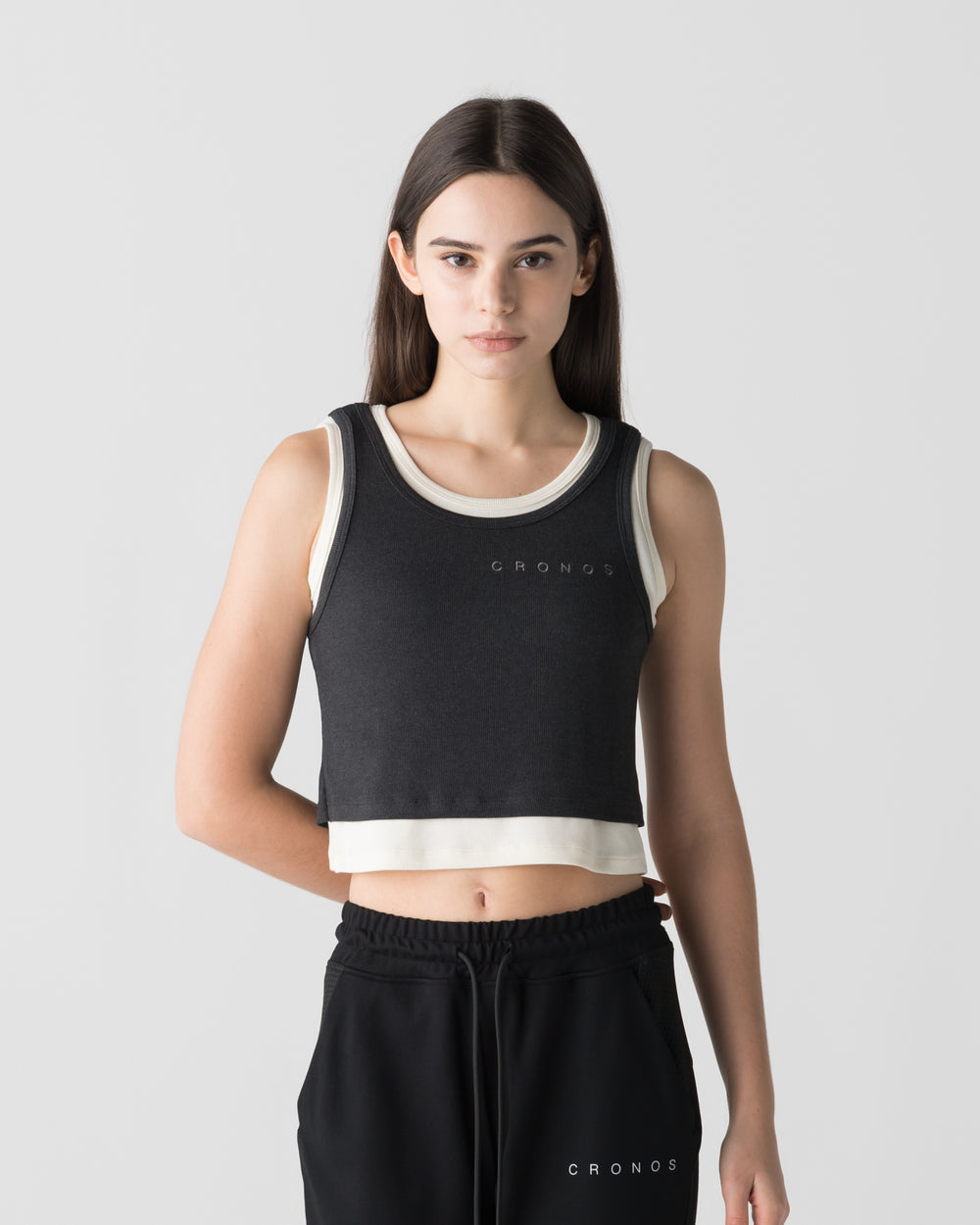 CRONOS WOMEN LAYERED RIB TANK TOP【BLACK】