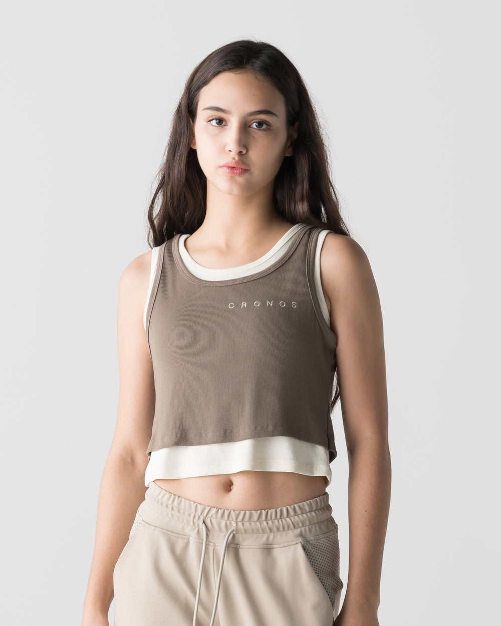 CRONOS WOMEN LAYERED RIB TANK TOP【BEIGE】