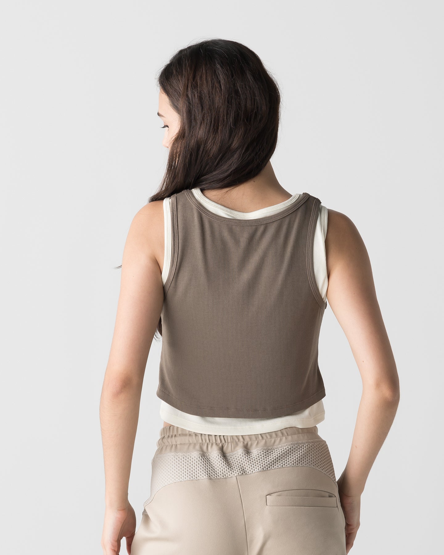 CRONOS WOMEN LAYERED RIB TANK TOP【BEIGE】