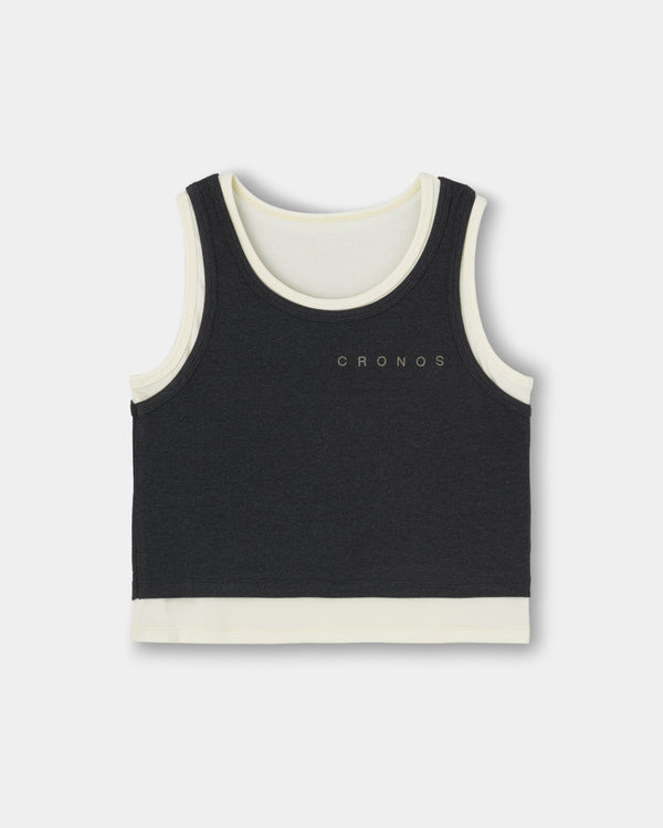 CRONOS WOMEN LAYERED RIB TANK TOP【BLACK】
