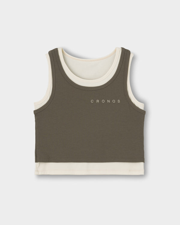 CRONOS WOMEN LAYERED RIB TANK TOP【BEIGE】