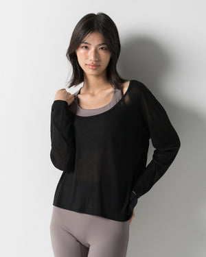 CRONOS WOMEN DRAPE FLARE LONG SLEEVE【BLACK】