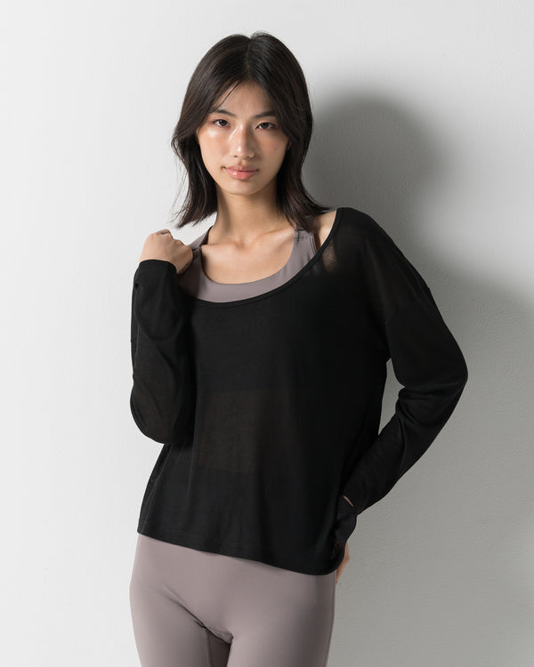 CRONOS WOMEN DRAPE FLARE LONG SLEEVE【BLACK】