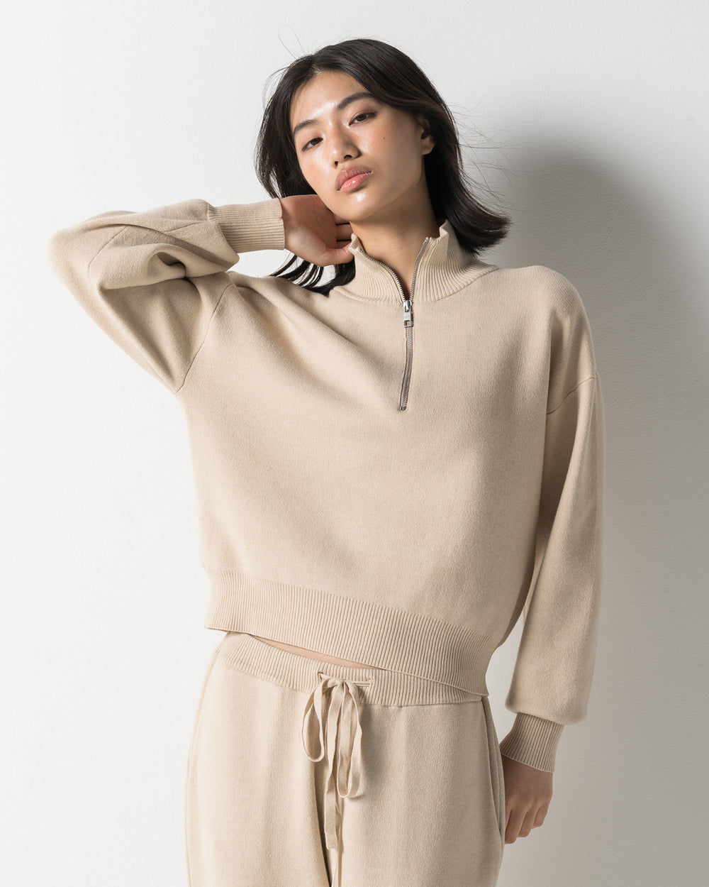 CRONOS WOMEN'S WARM HALF ZIP SWEATSHIRT【BEIGE】