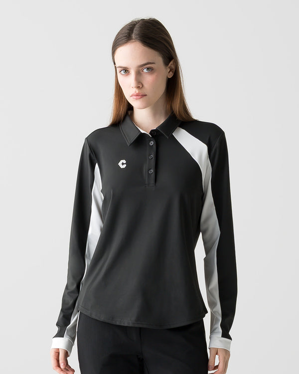CRONOS BLACK WOMEN FITTED LONG SLEEVE POLO【BLACK】