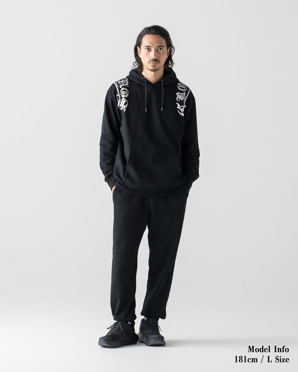 CRONOS BLACKLETTER SOFT MOTION HOODIE CROSS【BLACK×SILVER】