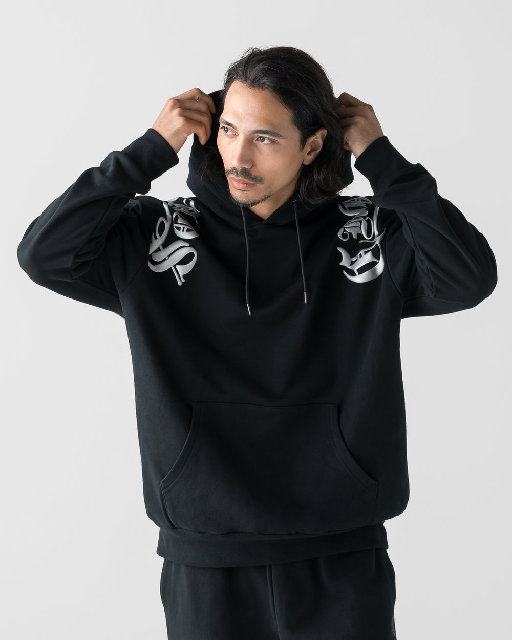 CRONOS BLACKLETTER SOFT MOTION HOODIE CROSS【BLACK×SILVER】