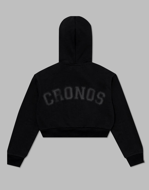 CRONOS WOMEN COLLEGE LOGO SHORT HOODIE [BLACK×BLACK]