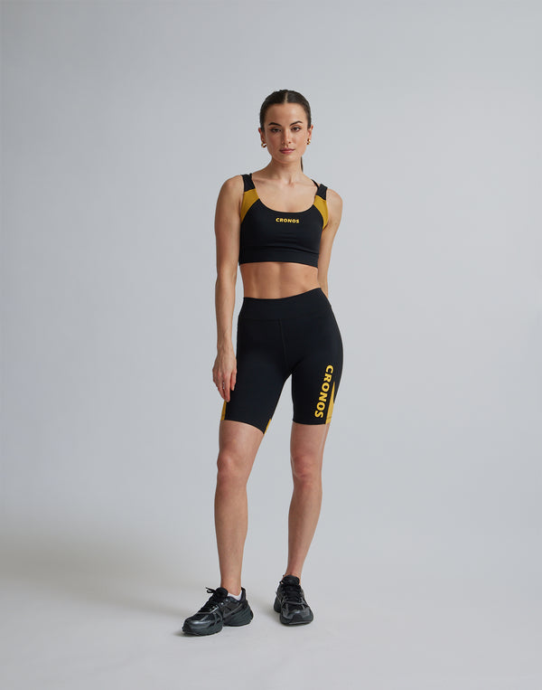 CRONOS WOMEN SPORTS MESH SHORT LEGGINGS【BLACK×YELLOW】