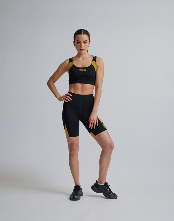 CRONOS WOMEN SPORTS MESH SHORT LEGGINGS【BLACK×YELLOW】