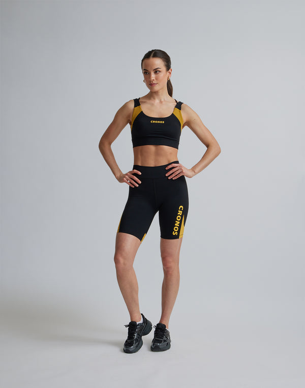 CRONOS WOMEN SPORTS MESH SHORT LEGGINGS【BLACK×YELLOW】