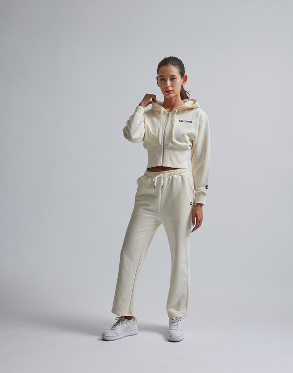 CRONOS WOMEN HIP LOGO FLARE PANTS【CREAM】