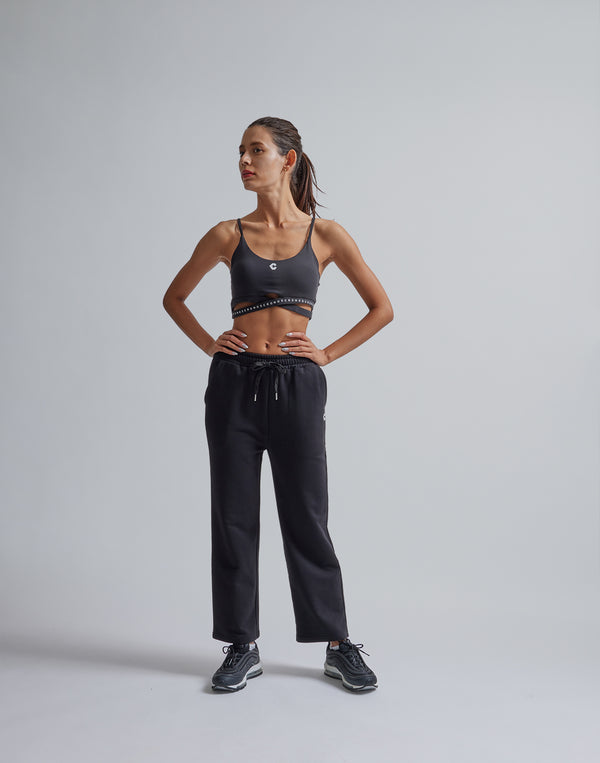 CRONOS WOMEN HIP LOGO FLARE PANTS【BLACK】