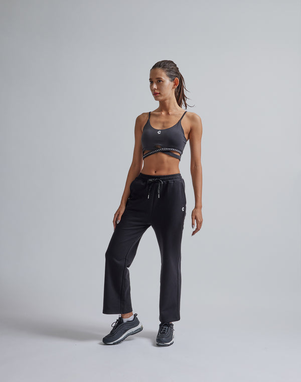 CRONOS WOMEN HIP LOGO FLARE PANTS【BLACK】