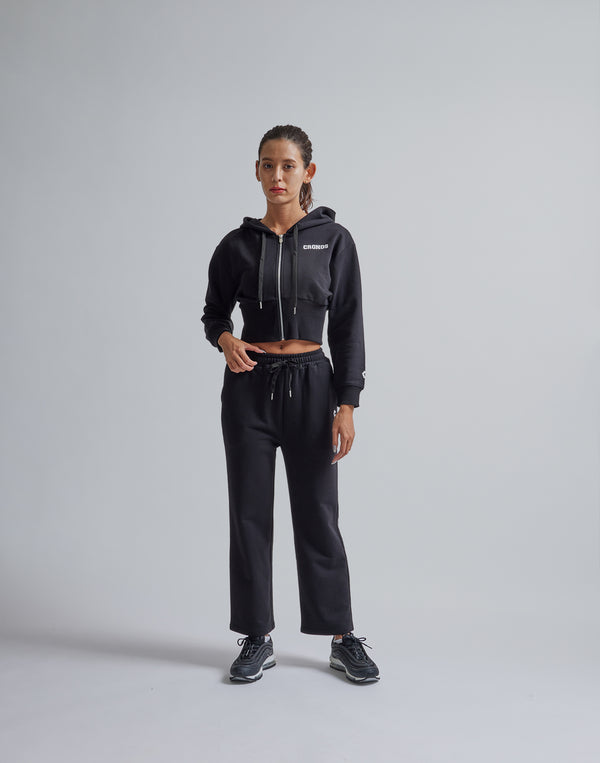 CRONOS WOMEN HIP LOGO FLARE PANTS【BLACK】