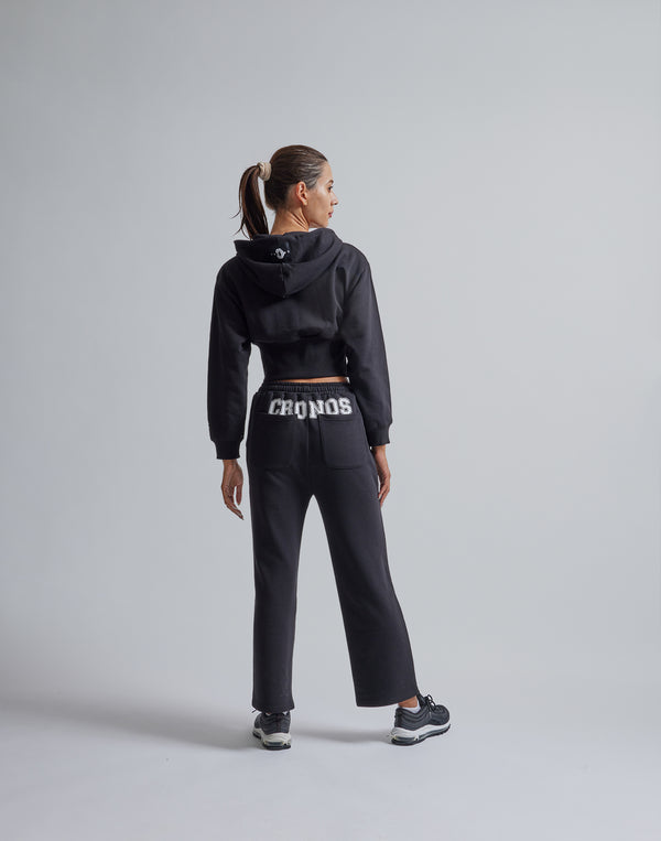 CRONOS WOMEN HIP LOGO FLARE PANTS【BLACK】