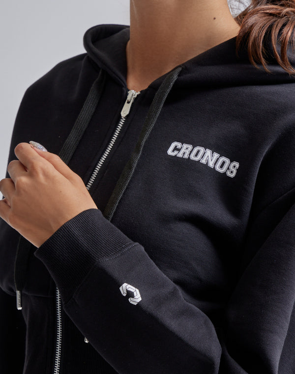 CRONOS 女款羅紋短拉鍊連帽衫 [黑色]