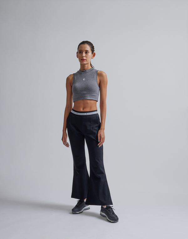 CRONOS WOMEN CALF LOGO FLARE PANTS【BLACK】