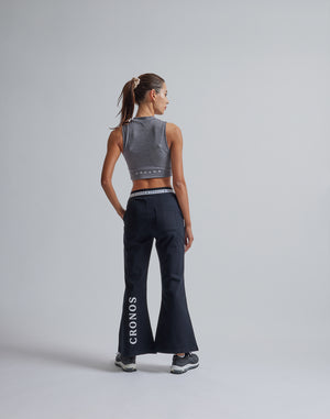 CRONOS WOMEN CALF LOGO FLARE PANTS【BLACK】