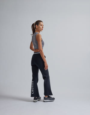 CRONOS WOMEN CALF LOGO FLARE PANTS【BLACK】