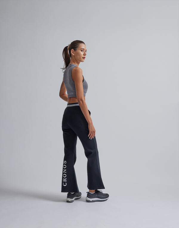 CRONOS WOMEN CALF LOGO FLARE PANTS【BLACK】