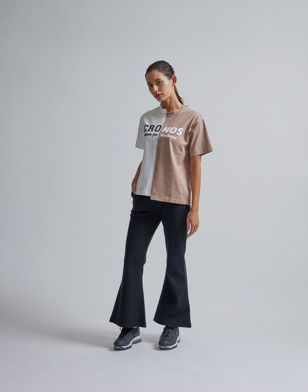 CRONOS WOMEN CALF LOGO FLARE PANTS【BLACK】