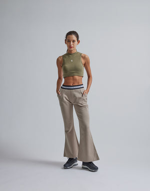 CRONOS WOMEN CALF LOGO FLARE PANTS【BEIGE】