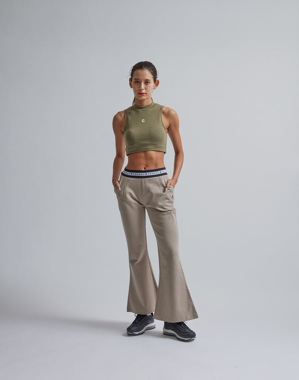CRONOS WOMEN CALF LOGO FLARE PANTS【BEIGE】