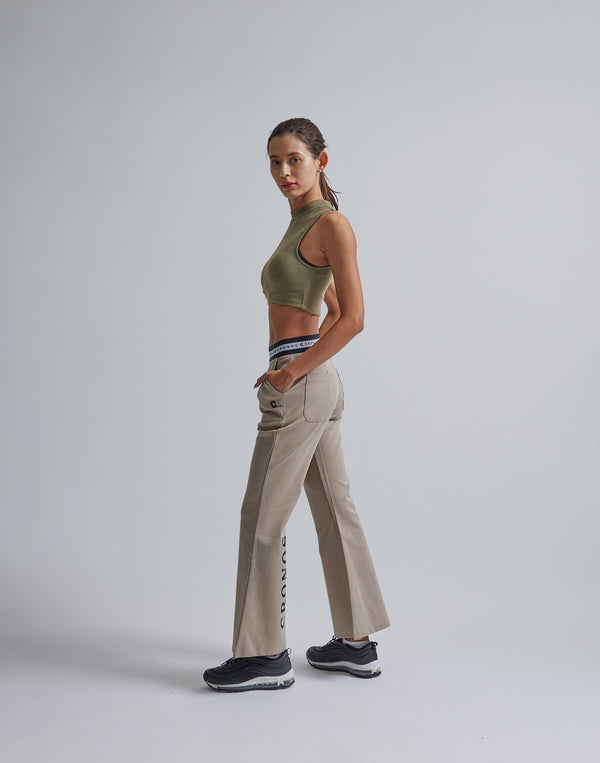 CRONOS WOMEN CALF LOGO FLARE PANTS【BEIGE】