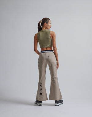 CRONOS WOMEN CALF LOGO FLARE PANTS【BEIGE】