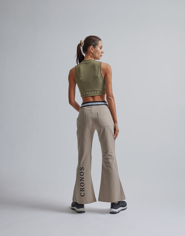 CRONOS WOMEN CALF LOGO FLARE PANTS【BEIGE】