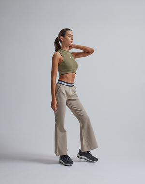 CRONOS WOMEN CALF LOGO FLARE PANTS【BEIGE】