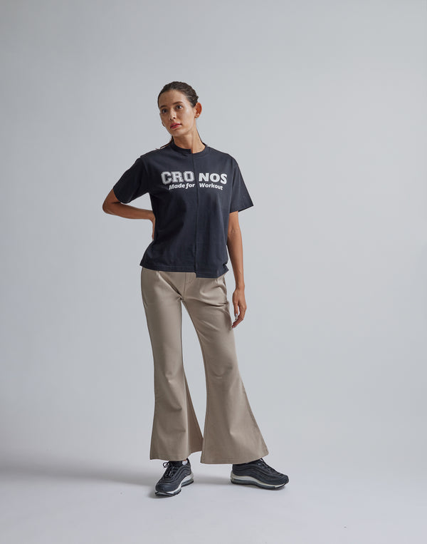 CRONOS WOMEN CALF LOGO FLARE PANTS【BEIGE】