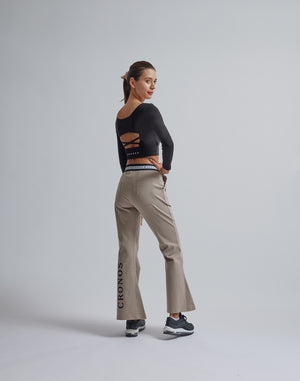 CRONOS WOMEN CALF LOGO FLARE PANTS【BEIGE】