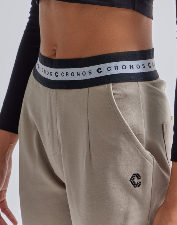 CRONOS WOMEN CALF LOGO FLARE PANTS【BLACK】
