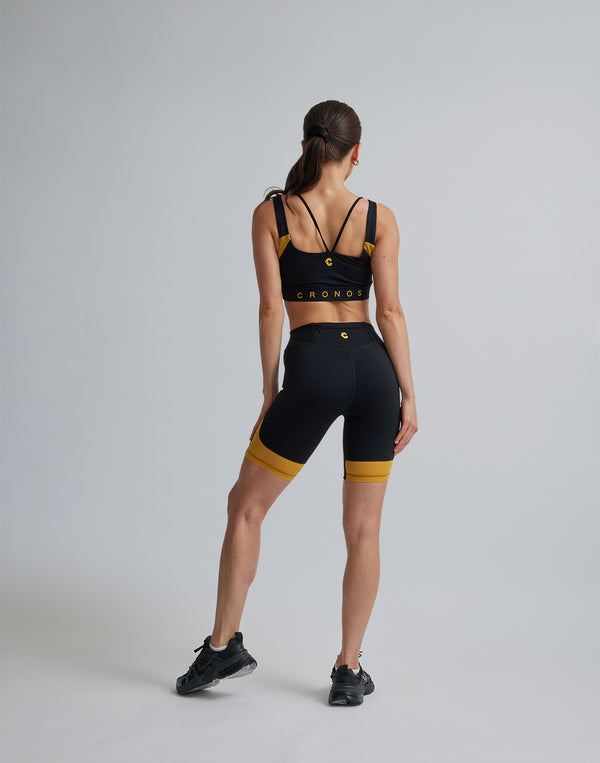 CRONOS WOMEN SPORTS MESH SHORT LEGGINGS【BLACK×YELLOW】