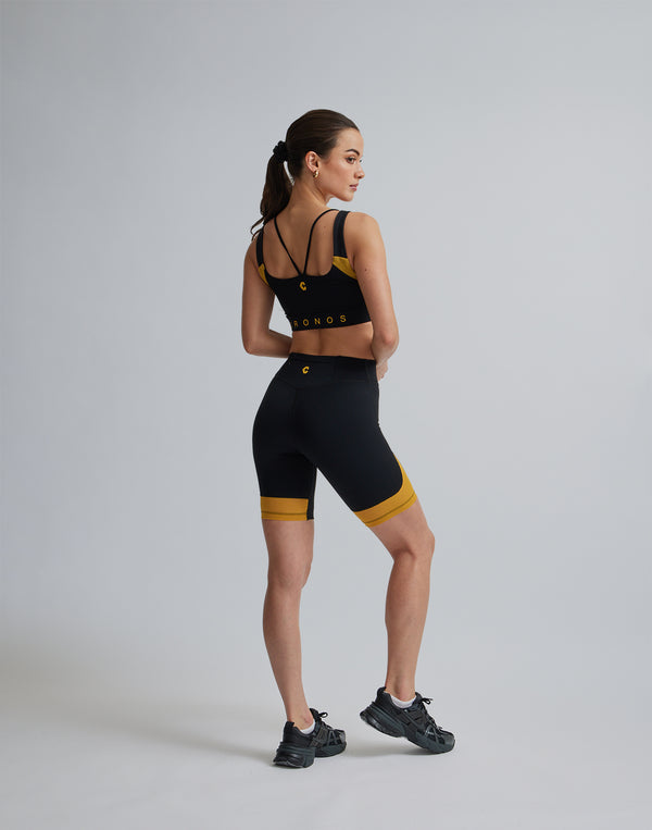 CRONOS WOMEN SPORTS MESH SHORT LEGGINGS【BLACK×YELLOW】