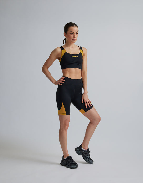 CRONOS WOMEN SPORTS MESH SHORT LEGGINGS【BLACK×YELLOW】